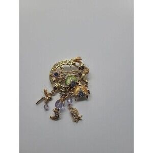 Vintage Kirks Folly Crescent Moon Cherub Fairy Brooch Ladybugs Enamel Purple